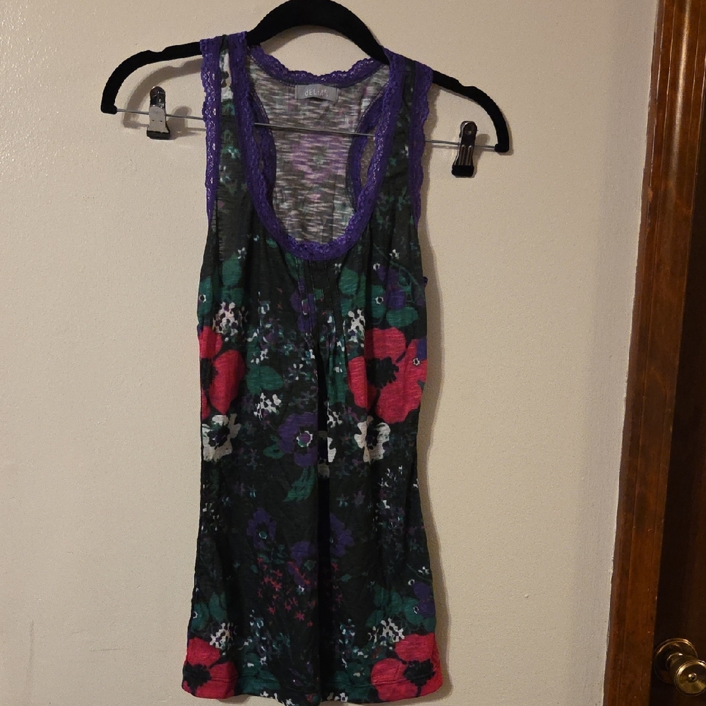 dELiA*s Floral Top with Purple Lace Trim